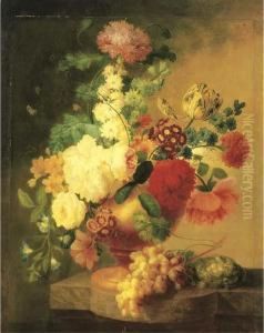 Tulips, Roses, Peonies,
Narcissus, And Other Flowers With A Butterfly In An Urn, With Grapes On
The Vine And A Bird's Nest With Eggs And Ants On A Marble Ledge by Pieter Faes