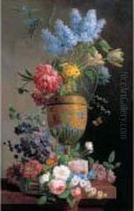 Nature Morte Au Bouquet De Lilas, Pivoines Et Tulipes Et A La
Corbeille De Fleurs Sur Un Entablement by Pieter Faes