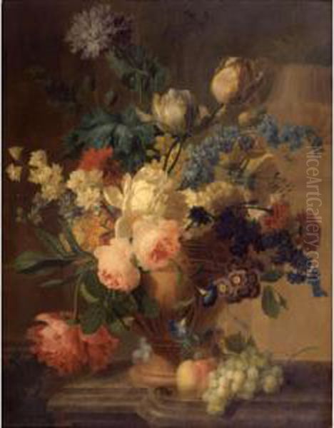 Still Life Of Roses, Peonies, Tulips, Narcissus, And Other Flowers In A Terracotta Vase, With Grapes And A Peach, All Resting On A Ledge by Pieter Faes