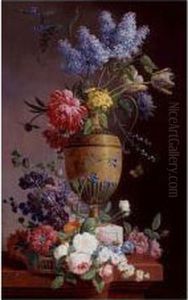 Still Life Of Lilacs, Roses,
Tulips And Other Flowers In A Tall Urn Resting On A Ledge With A Basket
Overflowing With Flowers by Pieter Faes