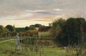 A Lady Standing Beside A Tranquil Pond At Dusk by Edward Henry Fahey