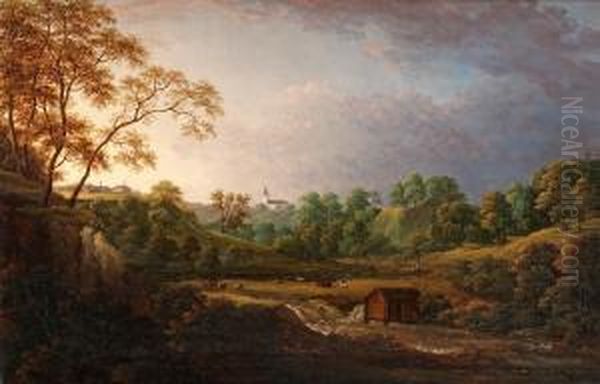 Extensive Landscape With Waterfall, Livestock, And Church In The Background - view 1