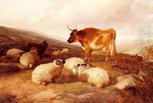 Rams And A Bull In A Highland Landscape by Thomas Sidney Cooper