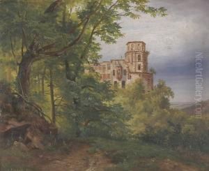 Blick Von Osten Auf Den
Glockenturm Des Heidelberger Schlosses; Im Vordergrund Baume, Der
Hintergrund Mit Blick In Die Rheinebene by Carl Ludwig Fahrbach