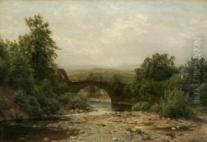 Flusslandschaft Mit
 Steinbrucke. by Carl Ludwig Fahrbach