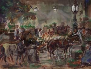Pferdegespanne Auf Einem Markt by Carl Fahringer