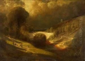 Figures On The Banks Of A River By A Bridge by James Fairman