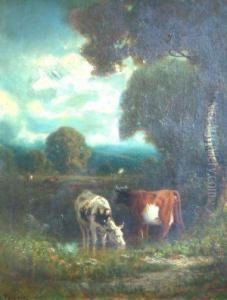 Cattle In A Water Meadow With Woodland by James Fairman