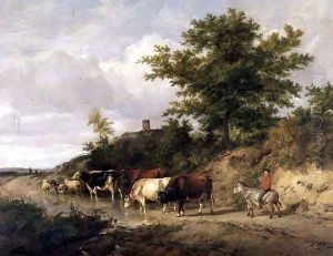Wooded landscape with a boy on a donkey and cattle at a ford by Thomas Sidney Cooper
