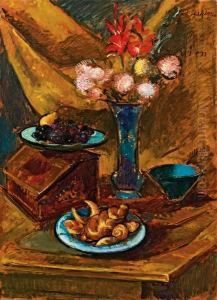 Blumen- Und Obststilleben Mit Weisgeback by Anton Faistauer