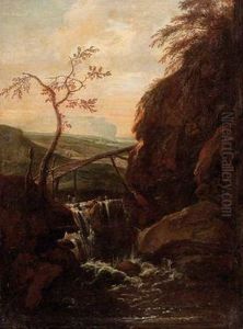 Landschaft Mit Wasserfall Und Felsen by Anton Faistenberger