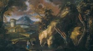 Paesaggio Meridionale Montuoso Boschivo Con Una Torre E Figure by Anton Faistenberger