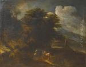 An Extensive Italianate River Landscape With A Drover And His Cattle On A Country Path by Anton Faistenberger