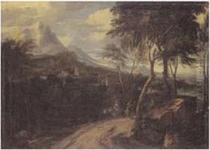 An Extensive Classical Landscape
With An Elegant Lady And Other Travellers On A Road, A Town Beyond by Anton Faistenberger
