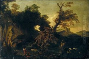 A Mountainous Landscape With Herders And Animals