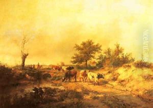 Near Canterbury: a Boy on a Donkey driving Cattle along a Road, the Cathedral beyond by Thomas Sidney Cooper