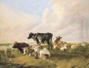 A bull, cows and sheep in a river landscape by Thomas Sidney Cooper
