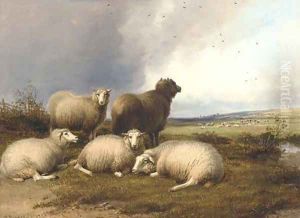 Sheep grazing in a landscape, with rain approaching by Thomas Sidney Cooper
