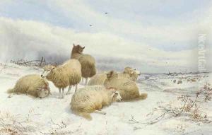 A flock of sheep in snow-covered fields by Thomas Sidney Cooper