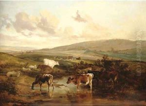 Sheep and cattle by a pond by Thomas Sidney Cooper