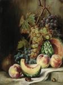 Hanging Grapes, A Watermelon, Peaches, A Pomegranate And Nuts On A Draped Ledge