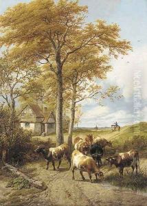 Cattle by a cottage, and a rider with his dog, Canterbury beyond