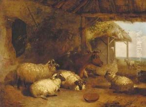 Sheep and cattle in a barn by Thomas Sidney Cooper