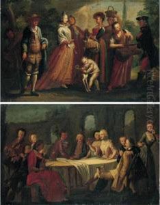 Figures Selling Various Objects 
To Passers-by; Figures Gathered Around A Table With Musicians by Filippo Falciatore