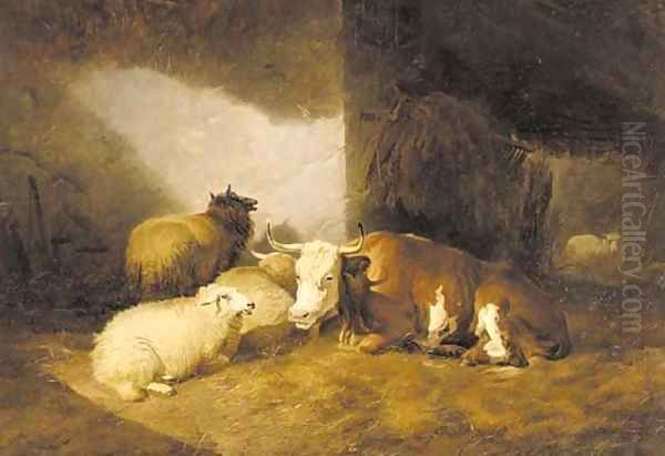 Cows and sheep in a barn - view 1