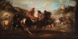A Cavalry Battle Between Christians And Turks Near A Fort