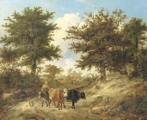 A lane scene, with a peasant driving cattle