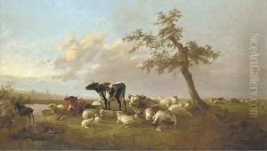 Cattle and sheep in an extensive landscape by Thomas Sidney Cooper