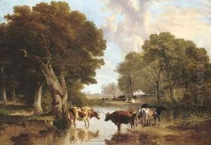 Cattle on the banks of a river by Thomas Sidney Cooper