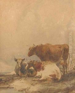 Cows resting on a riverbank by Thomas Sidney Cooper