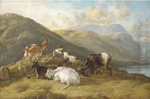 Highland landscape with a girl and goats by Thomas Sidney Cooper
