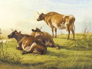 Cattle resting in a meadow by Thomas Sidney Cooper