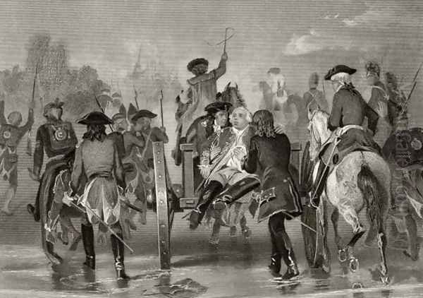 Mortally wounded General Edward Braddock retreats from the Monongahela River in 1755 after an attack from French and Indian Forces, from 'Life and Times of Washington', Volume I, 1857 - view 1