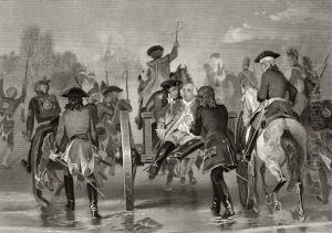 Mortally wounded General Edward Braddock retreats from the Monongahela River in 1755 after an attack from French and Indian Forces, from 'Life and Times of Washington', Volume I, 1857 by Alonzo Chappel
