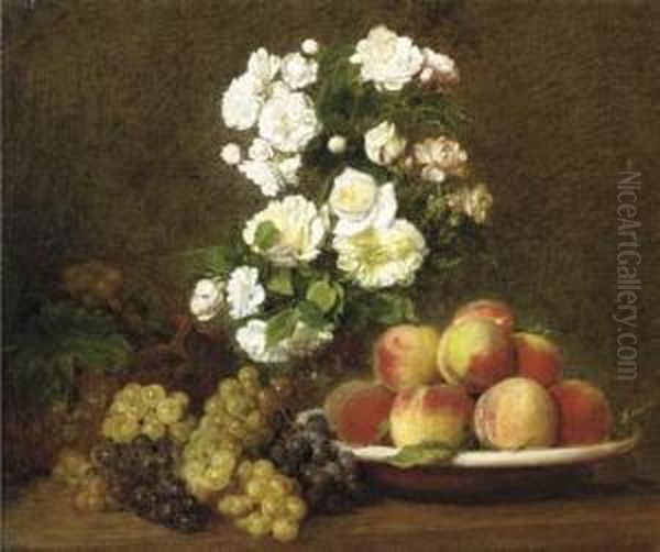 White Roses In A Vase With Peaches And Grapes On A Table - view 1