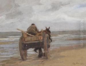 Garnaalvisser Met Paard En Kar Op Het Strand by Edgard Farasyn