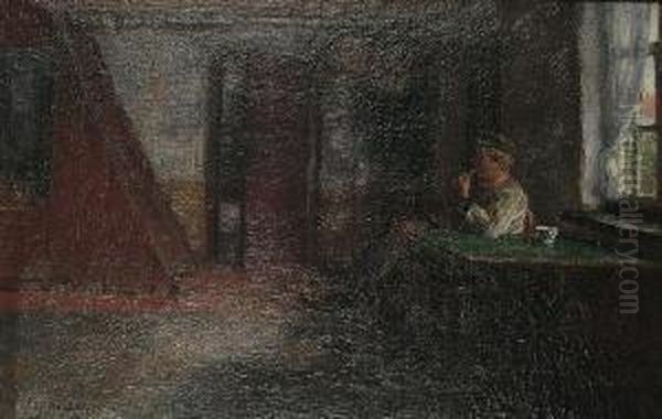 A Young Man Seated In An Interior Smoking A Pipe - view 1