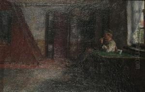 A Young Man Seated In An Interior Smoking A Pipe by Edgard Farasyn