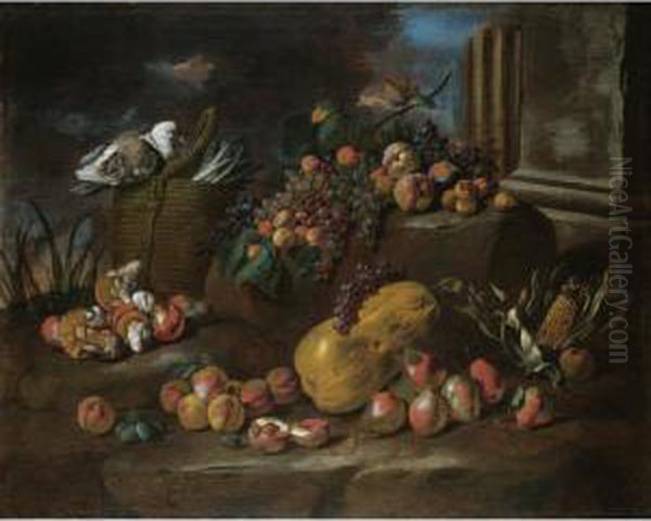Still Life Of Peaches, Pears,
Grapes, A Watermelon, Mushrooms, An Ear Of Corn And A Pigeon Resting On A
Basket Of Asparagus, All Arranged In A Landscape - view 1