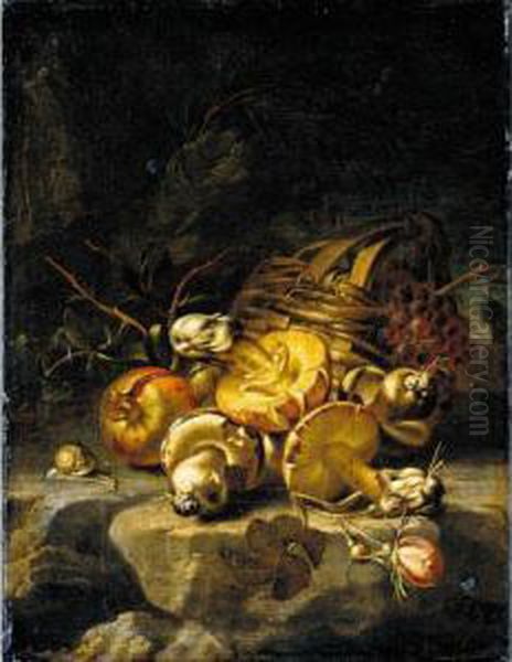 Still Life Of Mushrooms, A 
Pomegranate, A Rose, A Snail And A Basket Of Grapes In A Landscape - view 1