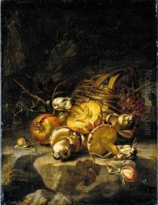 Still Life Of Mushrooms, A 
Pomegranate, A Rose, A Snail And A Basket Of Grapes In A Landscape