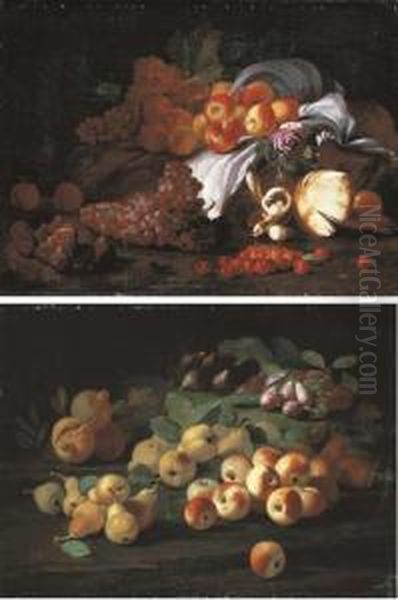 Grapes, Pears, Apples And Roses
On A White Cloth, With Figs, Grapes And Other Fruit And Mushrooms On A
Forest Floor; And Pomegranates, Pears, Quinces, Apples, Plums And Figs
On A Forest Floor - view 1