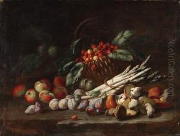 A Basket Of Cherries, Apples, Plums, Chestnuts, Asparagus Andporcini On A Ledge - view 1
