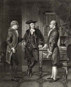 Baron de Kalb (centre) introducing Lafayette to Silas Dean, from 'Life and Times of Washington', Volume I, published 1857 by Alonzo Chappel