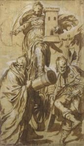Saint Barbara With Saint Anthony Abbot And Saint Roch by Paolo Farinati