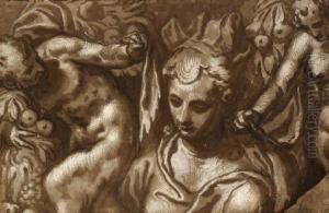 The Bust Of A Woman Flanked By Male And Female Satyrs Holdingdrapery by Paolo Farinati